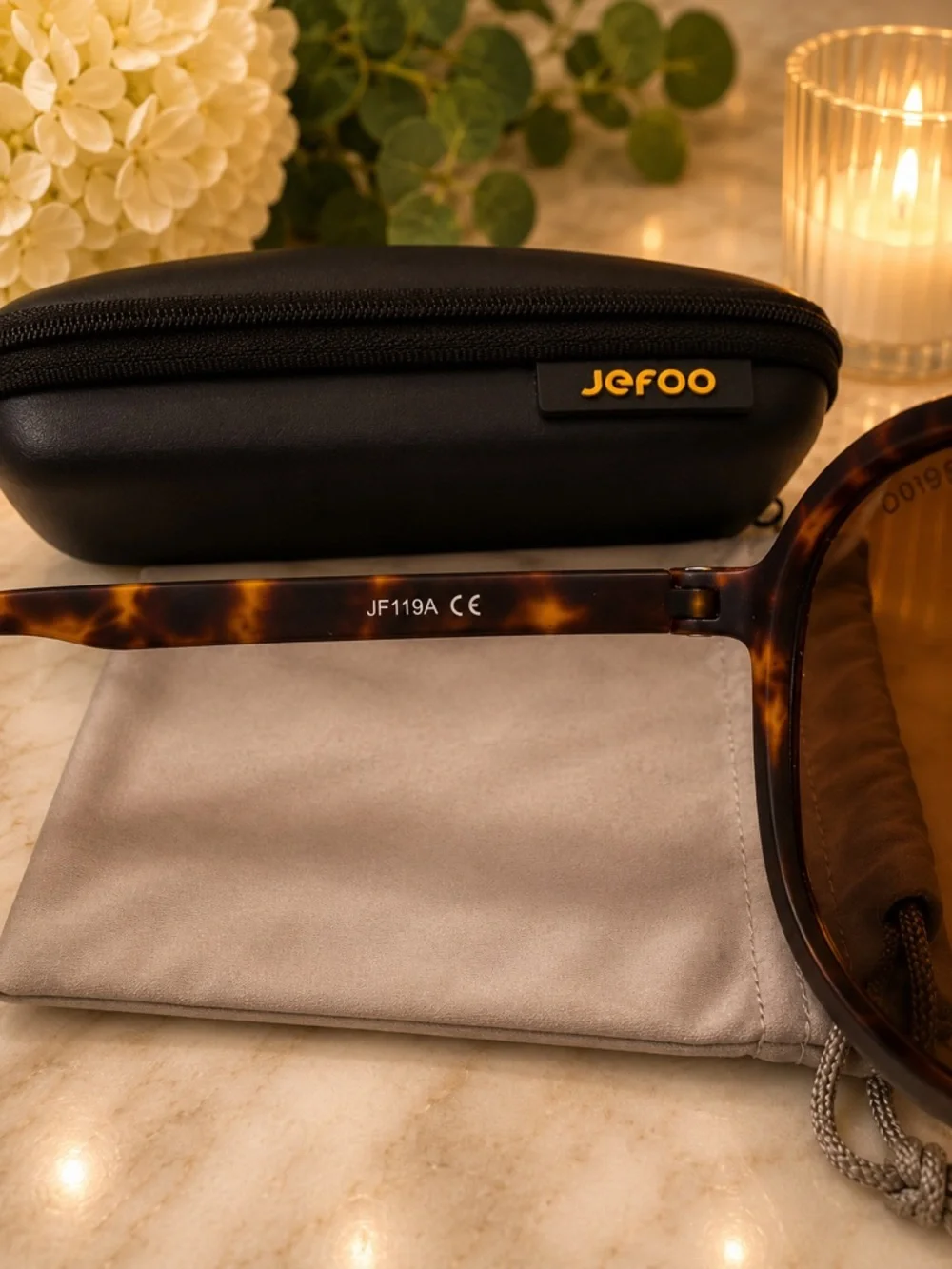 Jefoo Aviator Sunglasses Brown Lenses Tortoise Arms w/ Case & Pouch